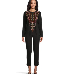 Johnny Was Mixed Media Henley T-shirt Black New