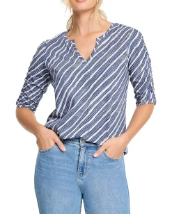 Women NIC+ZOE Mixed Stripe Ruched Sleeve Tee