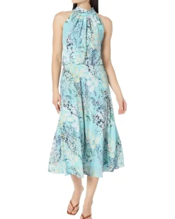 Adrianna Papell Mock Neck Printed Water Color Midi Dress Light Blue Multi Sale