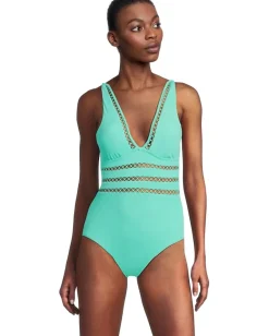 BECCA Modern Edge Rib Toni Plunge One Piece Aqua Sea Sale