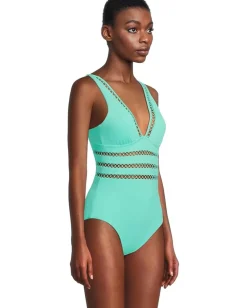 BECCA Modern Edge Rib Toni Plunge One Piece Aqua Sea Sale