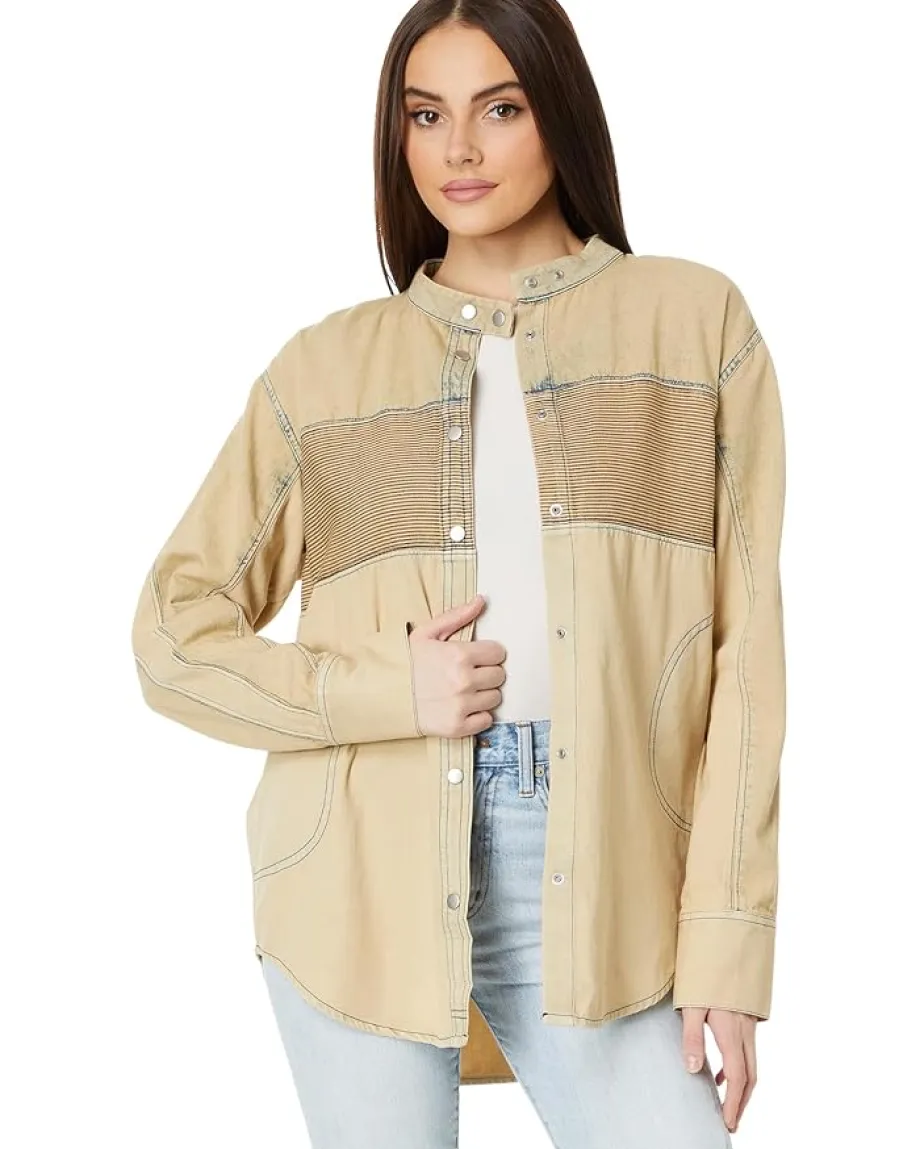 Free People Moto Color Block Shirt Sand Jam Outlet
