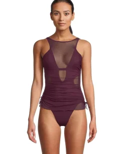 BECCA Muse Macie High Neck Mesh Overlay One Piece Aubergine Hot