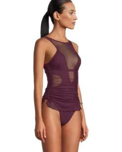 BECCA Muse Macie High Neck Mesh Overlay One Piece Aubergine Hot