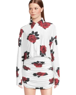 Norma Kamali Oversized Boyfriend Neck Shirt Shirred Bottom Mini Dress Red Rose New