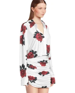 Norma Kamali Oversized Boyfriend Neck Shirt Shirred Bottom Mini Dress Red Rose New