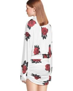 Norma Kamali Oversized Boyfriend Neck Shirt Shirred Bottom Mini Dress Red Rose New