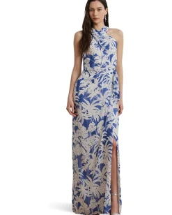 Lauren Ralph Lauren Palm-Frond-Print Georgette Halter Gown Blue/White Outlet