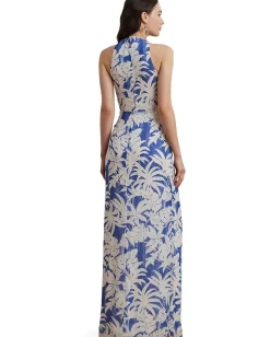 Lauren Ralph Lauren Palm-Frond-Print Georgette Halter Gown Blue/White Outlet