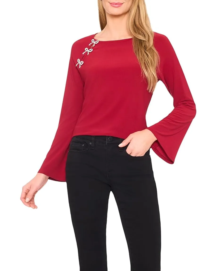 CeCe Pearl Bow Applique Long Sleeve Knit Top Mulberry Red Online