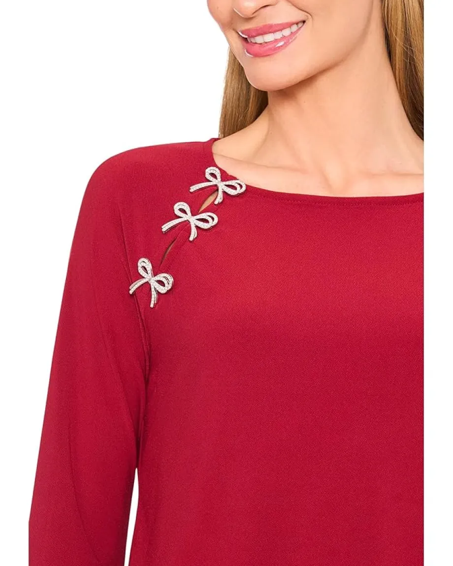 CeCe Pearl Bow Applique Long Sleeve Knit Top Mulberry Red Online