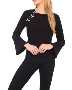 Women CeCe Pearl Bow Applique Long Sleeve Knit Top