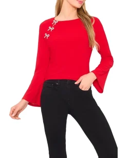 CeCe Pearl Bow Applique Long Sleeve Knit Top Luminous Red Online