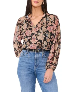 Vince Camuto Peasant Split Neck Long Sleeve Blouse With Ties Rich Black Clearance