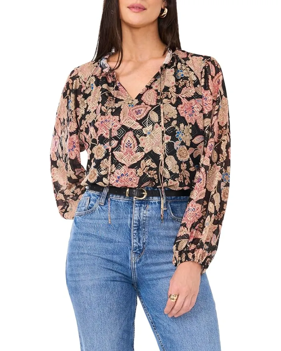 Vince Camuto Peasant Split Neck Long Sleeve Blouse With Ties Rich Black Clearance