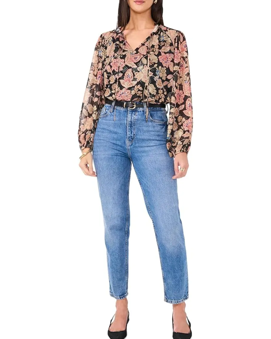 Vince Camuto Peasant Split Neck Long Sleeve Blouse With Ties Rich Black Clearance