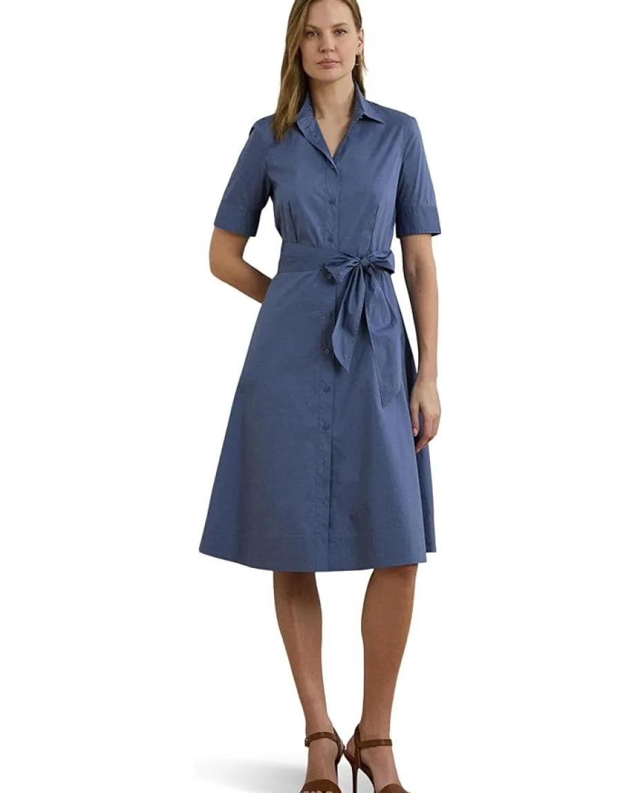 Lauren Ralph Lauren Petite Belted Cotton-Blend Shirtdress Capri Blue Clearance