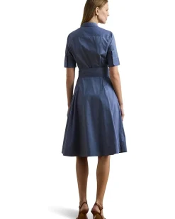 Lauren Ralph Lauren Petite Belted Cotton-Blend Shirtdress Capri Blue Clearance