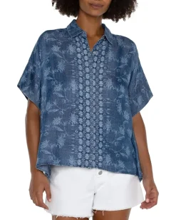 Liverpool Los Angeles Petite Collared Camp Shirt With Hi-low Hem Indigo Floral Online