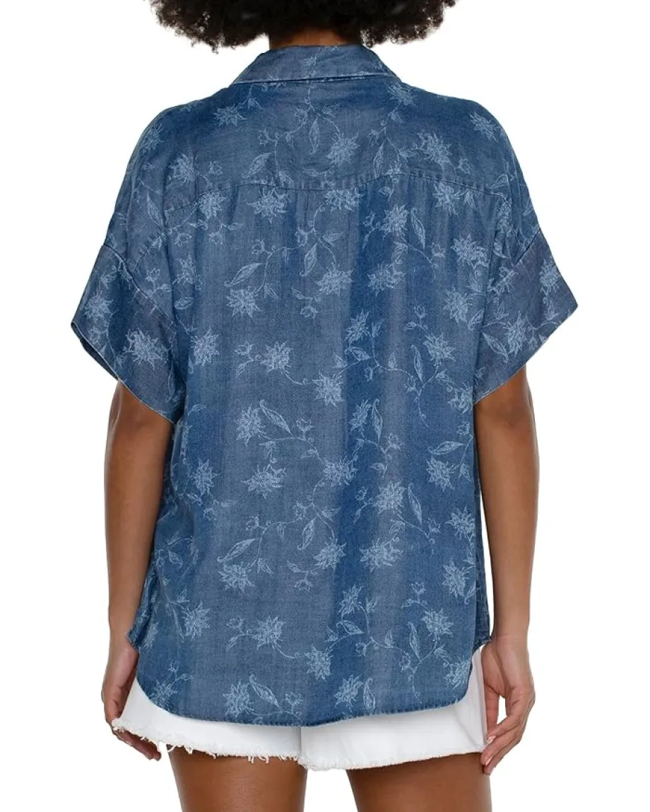 Liverpool Los Angeles Petite Collared Camp Shirt With Hi-low Hem Indigo Floral Online
