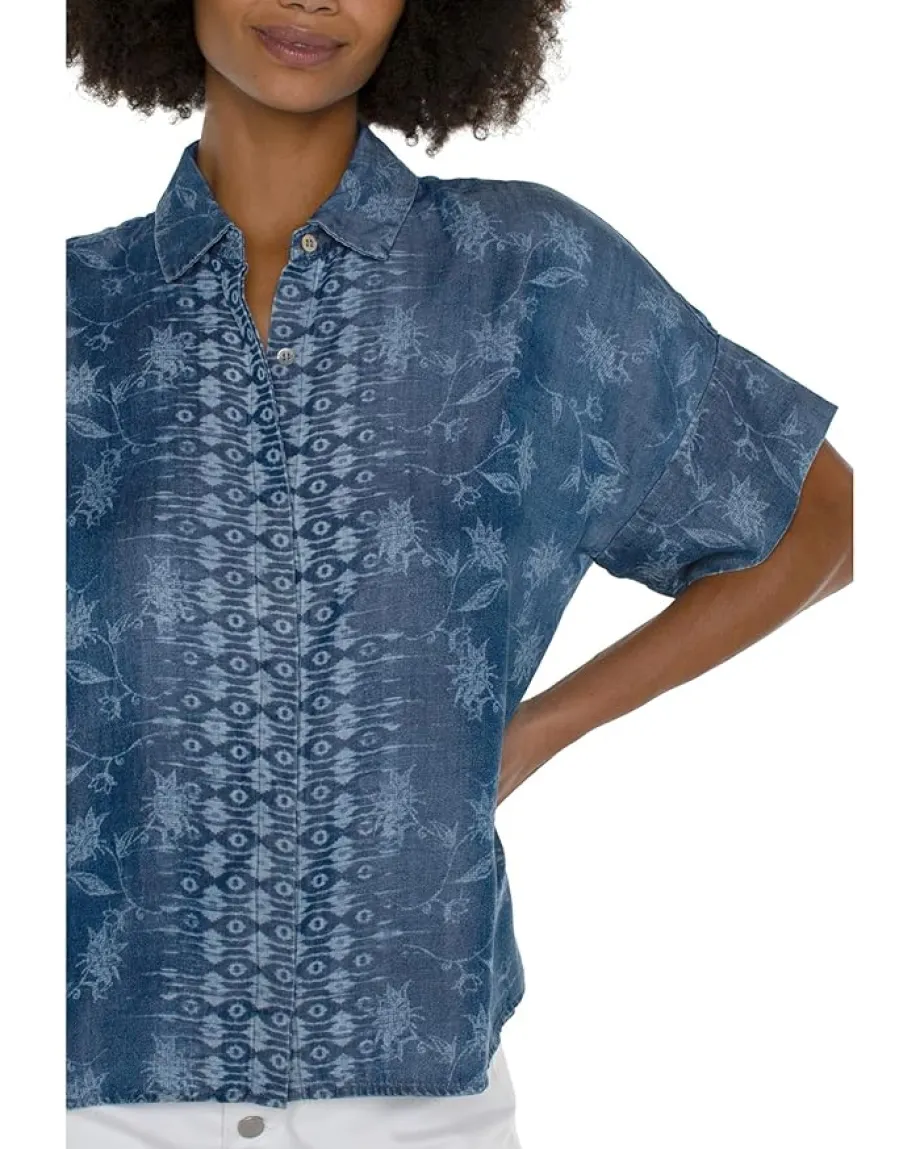 Liverpool Los Angeles Petite Collared Camp Shirt With Hi-low Hem Indigo Floral Online