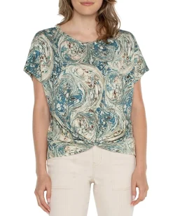 Liverpool Los Angeles Petite Crew Neck Dolman With Twisted Front Detail Ocean Blue Ecru Marble Best