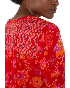 Liverpool Los Angeles Petite Long Sleeve Button Front Shirred Woven Blouse Red Orange Floral Best