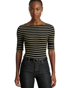 Lauren Ralph Lauren Petite Metallic Striped Boatneck Tee Black/Gold Metallic Best
