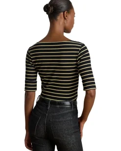 Lauren Ralph Lauren Petite Metallic Striped Boatneck Tee Black/Gold Metallic Best