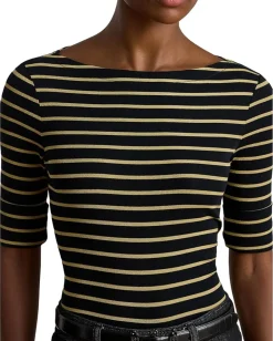 Lauren Ralph Lauren Petite Metallic Striped Boatneck Tee Black/Gold Metallic Best