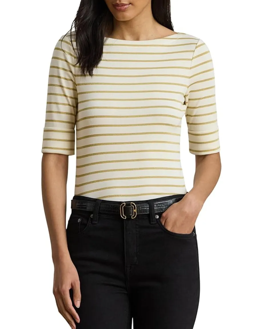Women Lauren Ralph Lauren Petite Metallic Striped Boatneck Tee