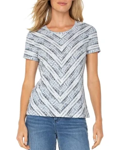 Liverpool Los Angeles Petite Short Sleeve Scoop Neck Knit Top With Miter Front Indigo Ikat Stripe Outlet