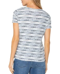 Liverpool Los Angeles Petite Short Sleeve Scoop Neck Knit Top With Miter Front Indigo Ikat Stripe Outlet