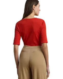 Lauren Ralph Lauren Petite Stretch Cotton Elbow-Sleeve V-Neck Tee Bright Vermilion Sale