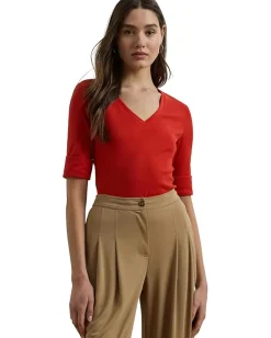 Lauren Ralph Lauren Petite Stretch Cotton Elbow-Sleeve V-Neck Tee Bright Vermilion Sale