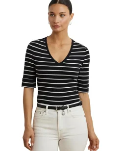 Women Lauren Ralph Lauren Petite Striped Cotton Elbow-sleeve V-neck Tee