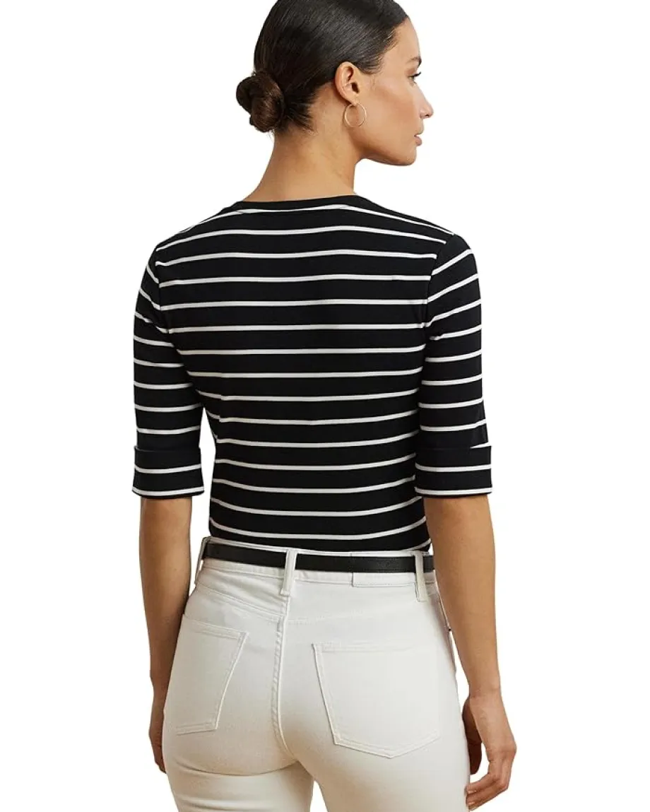Women Lauren Ralph Lauren Petite Striped Cotton Elbow-sleeve V-neck Tee