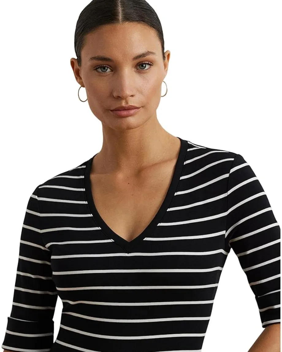 Women Lauren Ralph Lauren Petite Striped Cotton Elbow-sleeve V-neck Tee