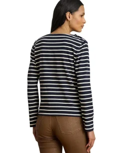 Lauren Ralph Lauren Petite Striped Jersey Snap-Trim Boatneck Top Lauren Navy/Mascarpone Cream Sale