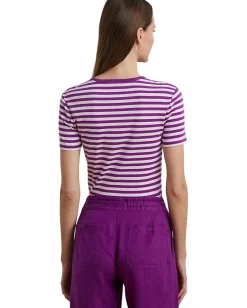 Lauren Ralph Lauren Petite Striped Stretch Cotton Crewneck Tee Purple Dawn/White Discount