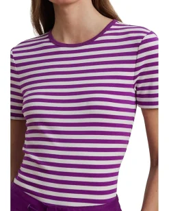 Lauren Ralph Lauren Petite Striped Stretch Cotton Crewneck Tee Purple Dawn/White Discount