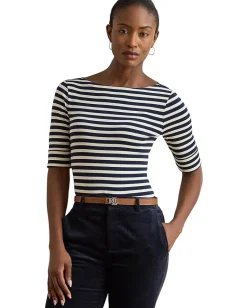 Lauren Ralph Lauren Petite Striped Stretch Cotton Boatneck Tee Lauren Navy/Mascarpone Cream Online