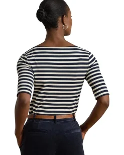 Lauren Ralph Lauren Petite Striped Stretch Cotton Boatneck Tee Lauren Navy/Mascarpone Cream Online