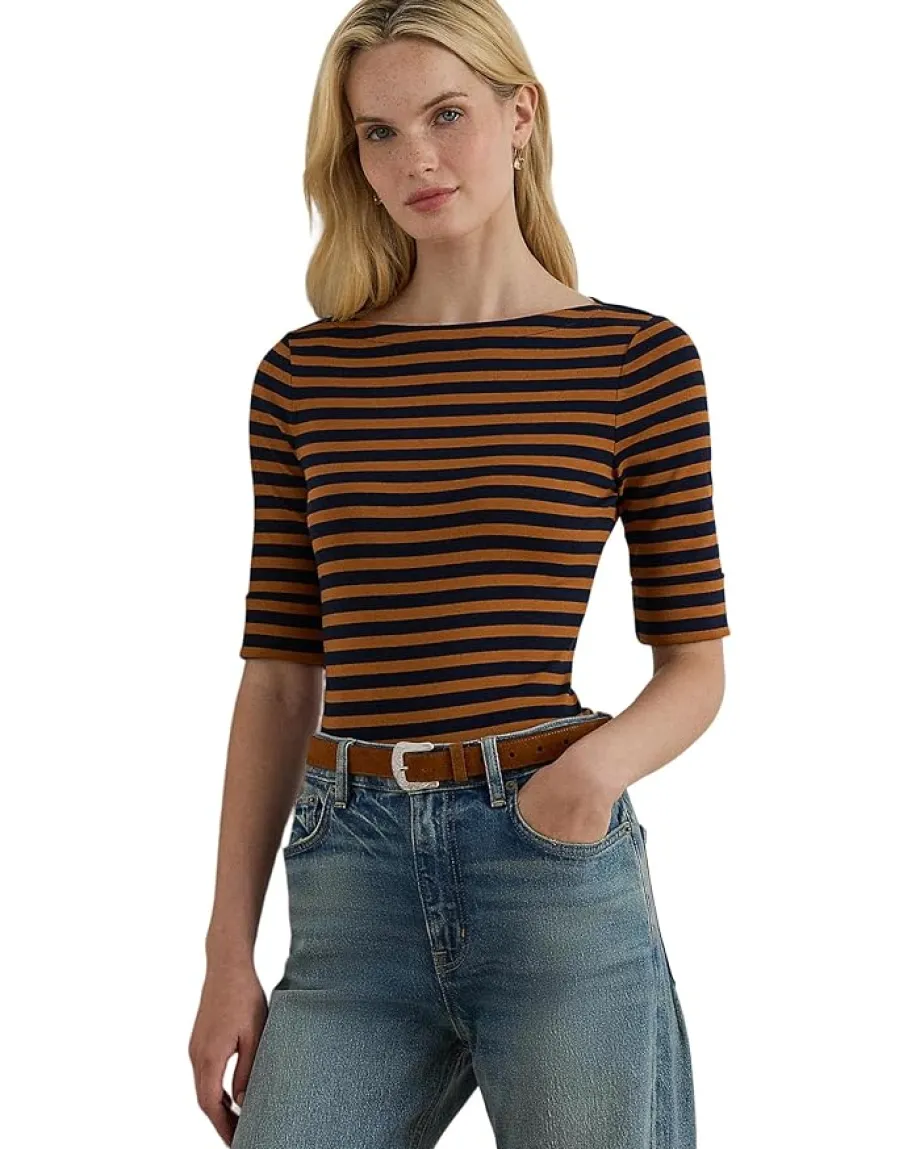 Women Lauren Ralph Lauren Petite Striped Stretch Cotton Boatneck Tee