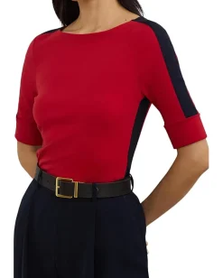 Lauren Ralph Lauren Petite Two-Tone Stretch Cotton Elbow-Sleeve Tee Festive Red/Lauren Navy Sale