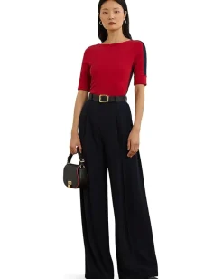Lauren Ralph Lauren Petite Two-Tone Stretch Cotton Elbow-Sleeve Tee Festive Red/Lauren Navy Sale