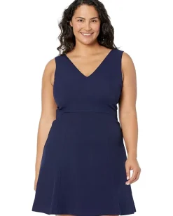 Vince Camuto Pixie Crepe V-Neck Fit-and-Flare with Self Belt At Back Waist Navy Outlet