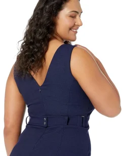 Vince Camuto Pixie Crepe V-Neck Fit-and-Flare with Self Belt At Back Waist Navy Outlet