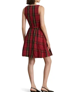 Lauren Ralph Lauren Plaid Belted Taffeta Cocktail Dress Black/Red