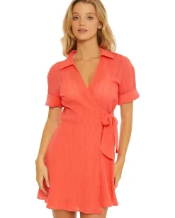 BECCA Playa Textured Collared Wrap Shirtdress Cover-Up Grapefruit Best